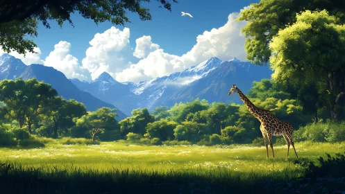 Digital painting of giraffe in luminous alpine savanna landscape.