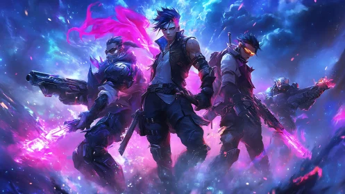 Neon cyber squad advancing through galactic stormfront.