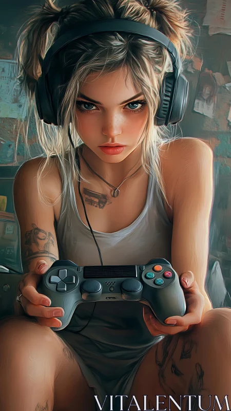 Focused gamer girl holding controller in headphones.