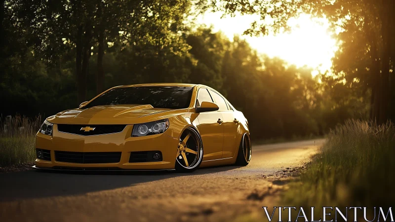 Sunlit yellow sedan with stance tuning on forest road.