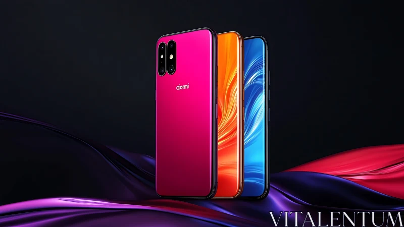 Triple smartphone render with gradient backs on dark background.