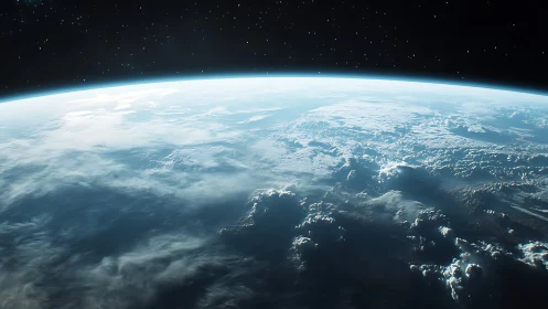 Curved Earth horizon with glowing clouds from orbit view.