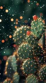 Prickly pear cactus pads with fruit under soft light bokeh.