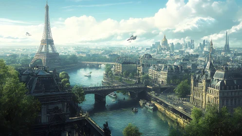 Futurist Parisian river skyline in cinematic digital painting.