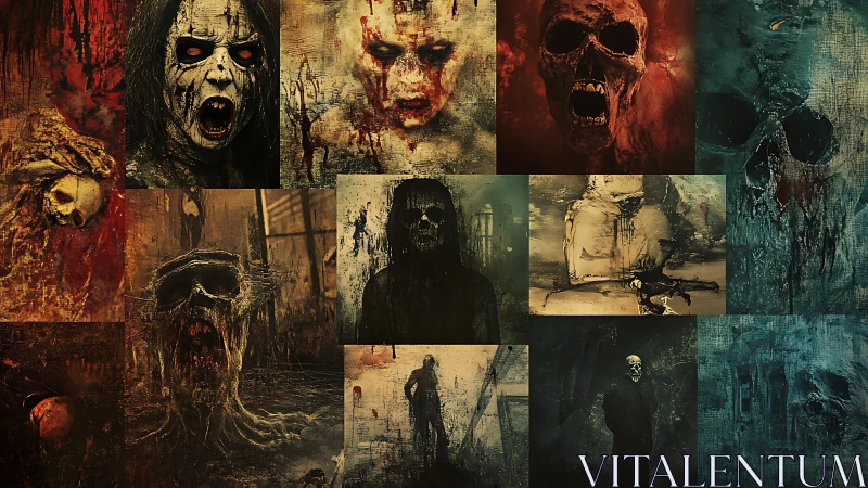 Disturbing collage of decayed skulls and haunted figures.