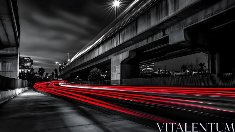 Neon river of taillights carving through monochrome overpass night.
