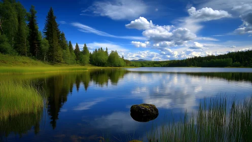 Photorealistic lakeside panorama with mirrored forest reflections.