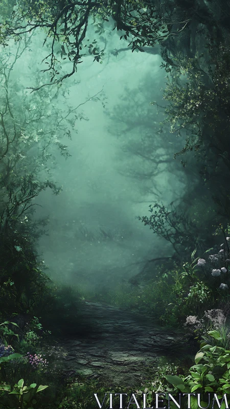 Ethereal Forest Path Through Misty Green Woodland.