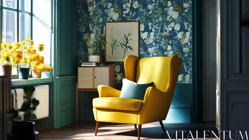 Yellow lounge chair anchors teal floral living corner.