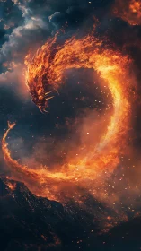 Burning serpent dragon arcs through storm-darkened sky.