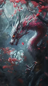 Ethereal crimson dragon coils through a misty blossom forest