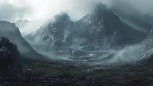 Misty mountain gate welcomes a lone traveler toward secrets