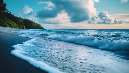 Shoreline surf rolling onto tranquil blue horizon at dusk.
