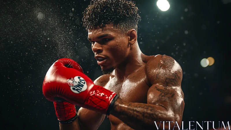 Male boxer in red gloves with water droplets, night setting.