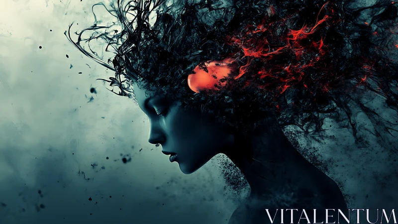 Surreal female profile dissolves into dark flaming smoke