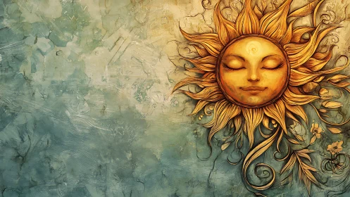 Serene sun face illustration on textured teal wall background.