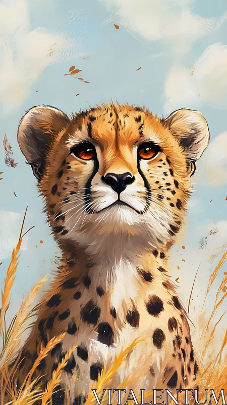 Juvenile cheetah portrait with windswept savanna grassland framing.