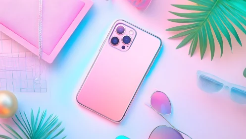 Modern pink smartphone with tropical summer accessories, pastel style.