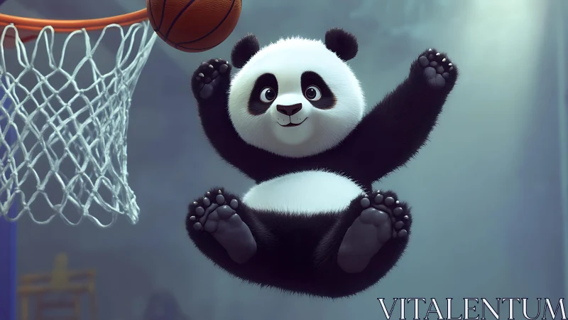 Sky-soaring panda dunker freezes midair with fuzzy joy.