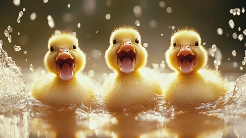 Photorealistic duckling trio in dynamic water splash portrait.