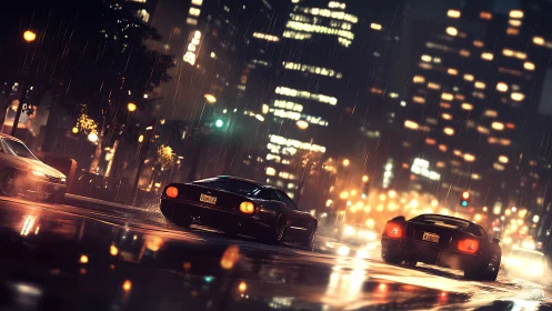 Rain-soaked supercars corner through bokeh-lit urban night streets