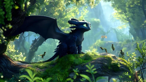 Bioluminescent dragon observes avian flock in luminous forest