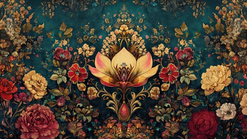 Ornamental Lotus Blooms Golden Garden on Teal.