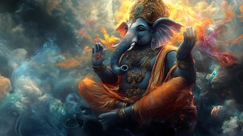 Divine elephant-headed deity floats amid swirling cosmic light.