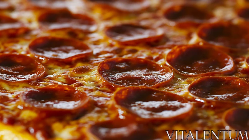 Shallow-depth macro of pepperoni pizza surface texture study.