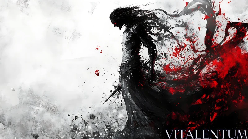 Dark warrior silhouette amid swirling red and black chaos.