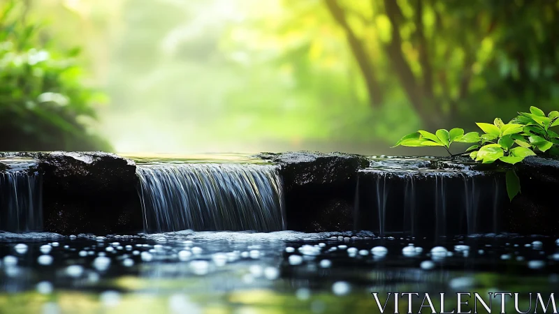 Serene Forest Stream Waterfall with Lush Greenery, Nature Photography.