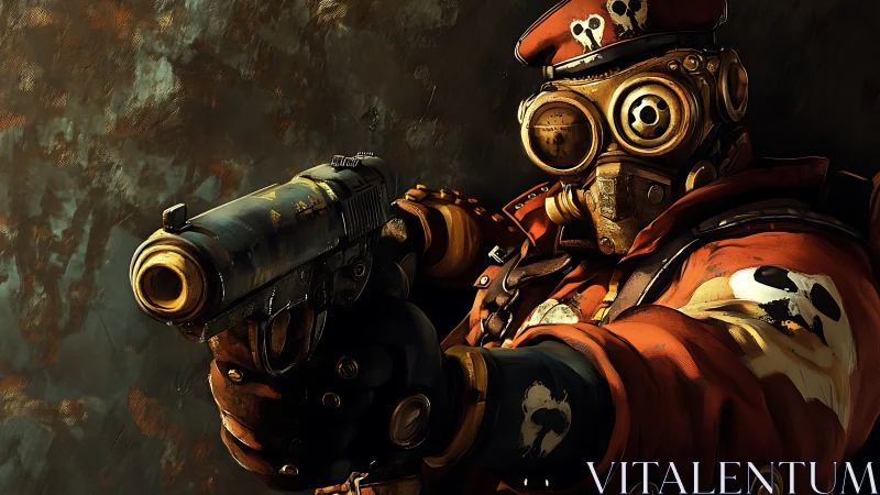 Battle-hardened masked soldier aims forward with bold resolve