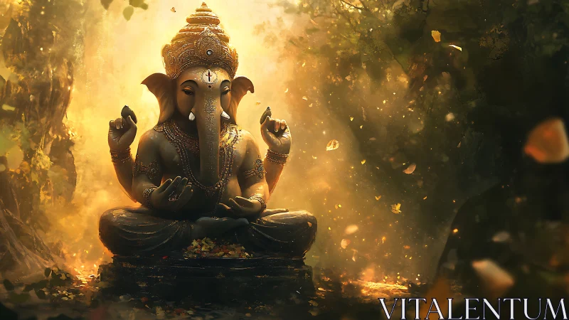 Divine elephant-headed deity meditates in glowing forest light