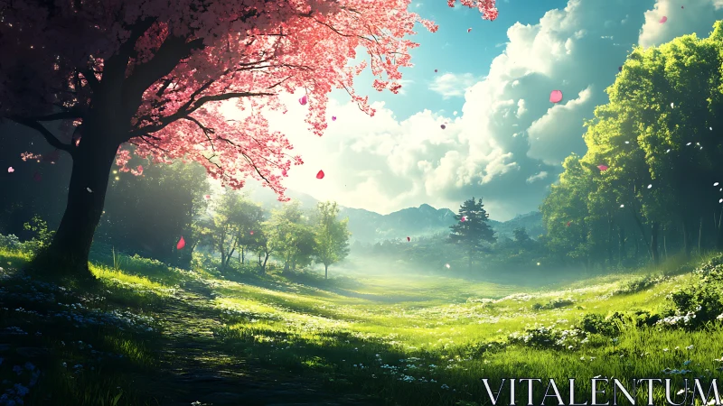 Digital landscape renders flowering tree and sunlit valley