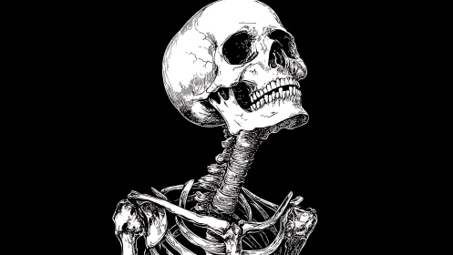 Detailed skeletal portrait tilts under stark black void.