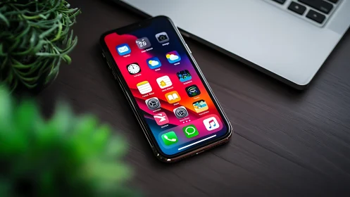 iPhone Home Screen Display with Vibrant App Icons on Gradient Background.