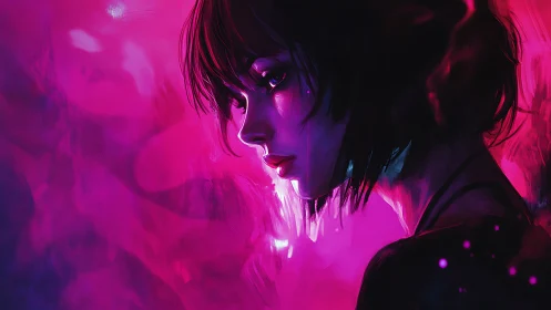 Side profile portrait of woman in vivid neon lighting.