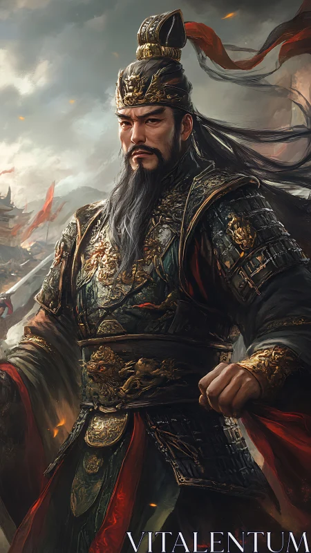 Regal ancient general gazes ahead in richly carved armor