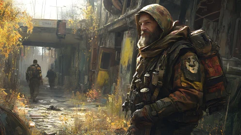 Hooded survivor stands in a decayed urban alleyway