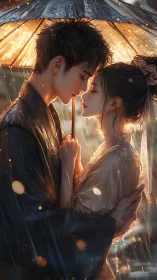 Romantic couple under umbrella in soft rainy evening light.