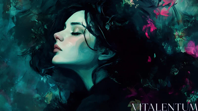 Serene female profile emerges from deep teal abstract shadows