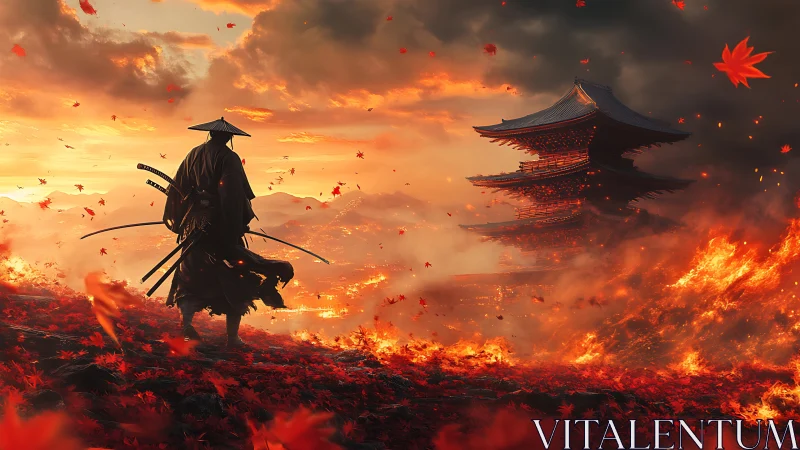 Lone samurai amid burning autumn fields at dusk.