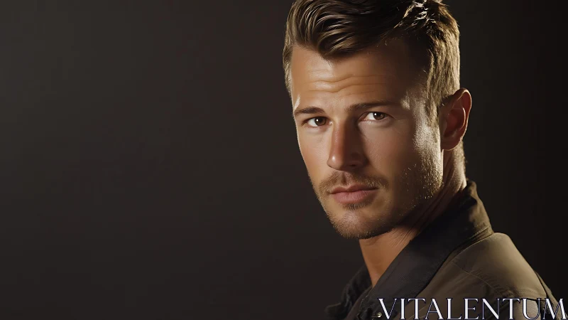 Photorealistic male portrait in low-key studio lighting.