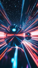 Neon chrome spheres accelerate through warped starfield corridor.