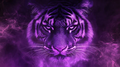 Neon dusk tiger emerges through swirling violet smoke.