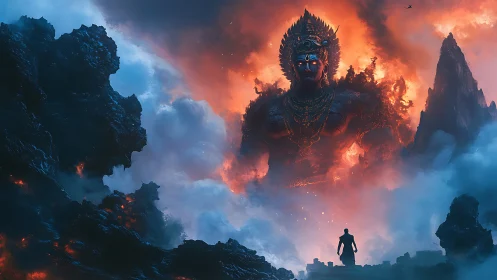 Colossal fiery deity over volcanic landscape with figure.