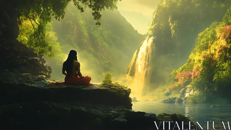 Quiet river meditation beneath golden waterfall light.