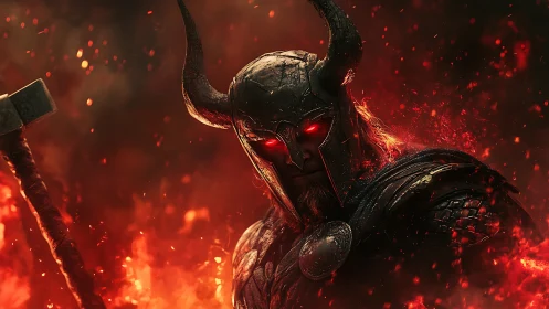 Infernal horned warlord in molten armor amidst combustive embers.