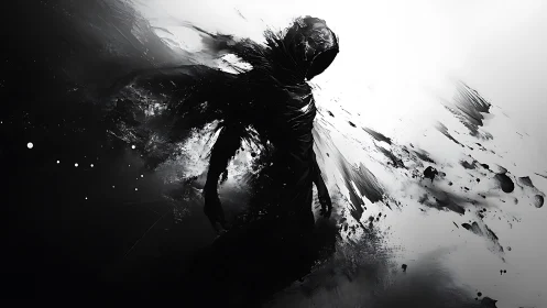 Hooded shadow figure dissolves into stark monochrome void