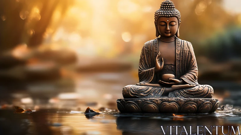 Bronze Buddha statue seated on lotus pedestal in water.